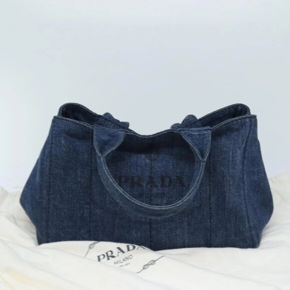 PRADA Canapa MM Hand Bag Denim Blue Gold Auth - Picture 13 of 16